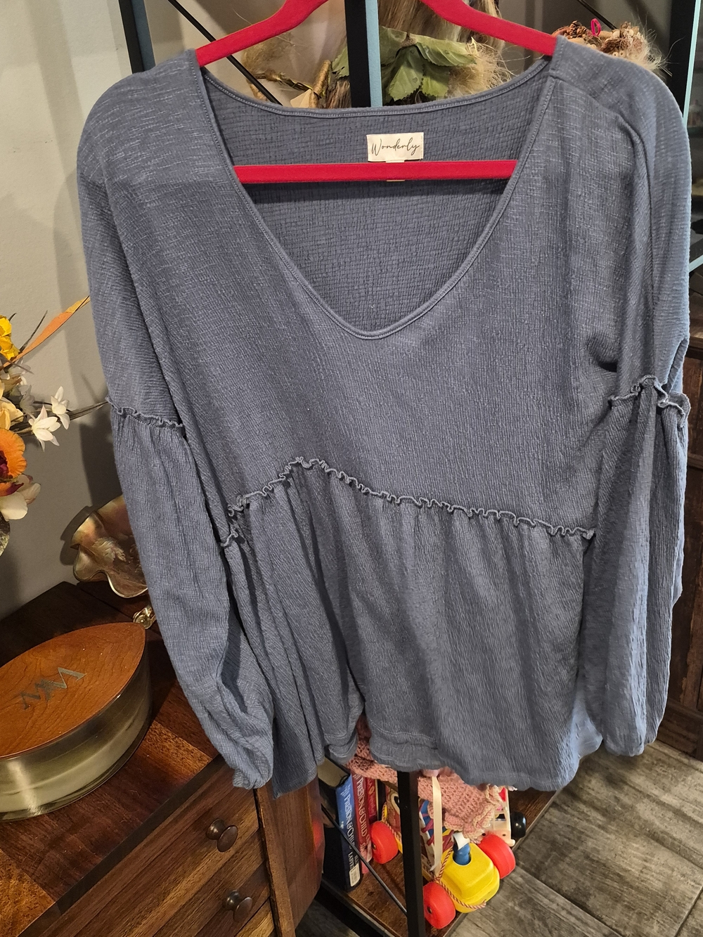 Wonderly Slate Blue V-Neck Peasant Tunic